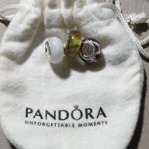 Pandora Sterling Silver Murano Art Glass Charm Beads Set of 3 White Purple Green